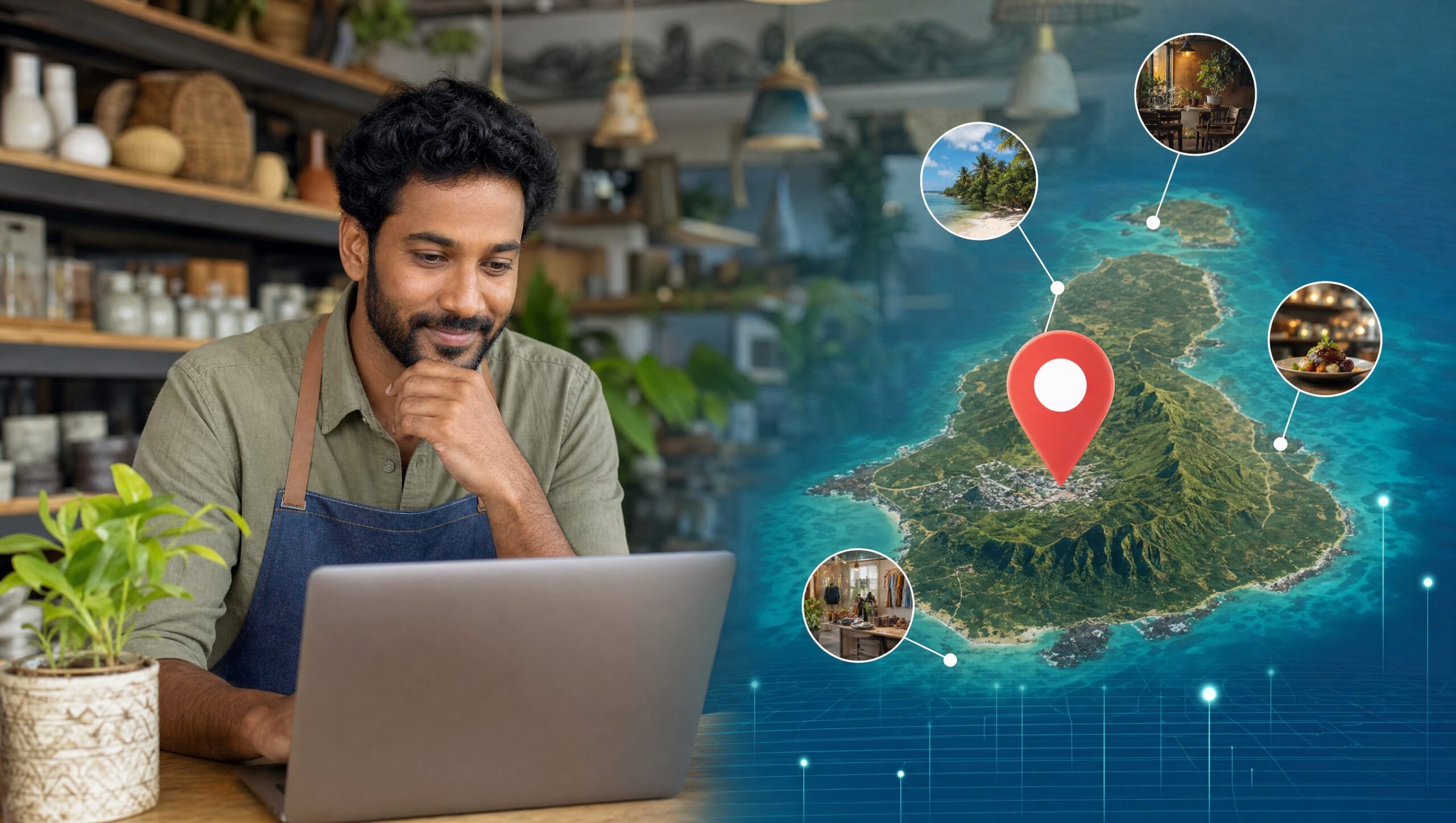 Local business owner checking online presence — Mauritian SME digital marketing