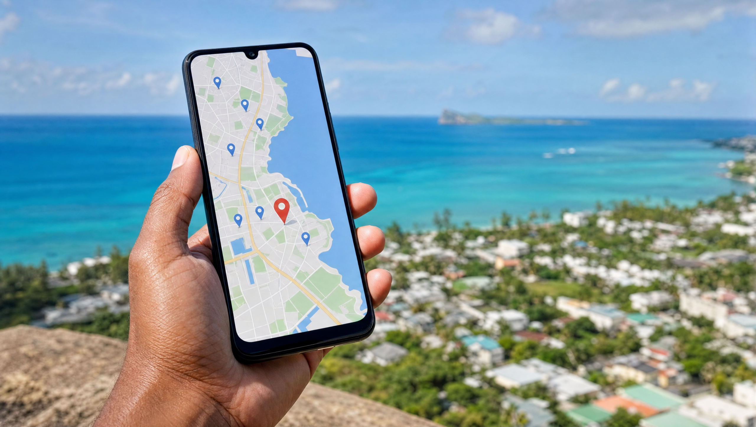 Smartphone showing Google Maps location pins near Mauritius coastal town