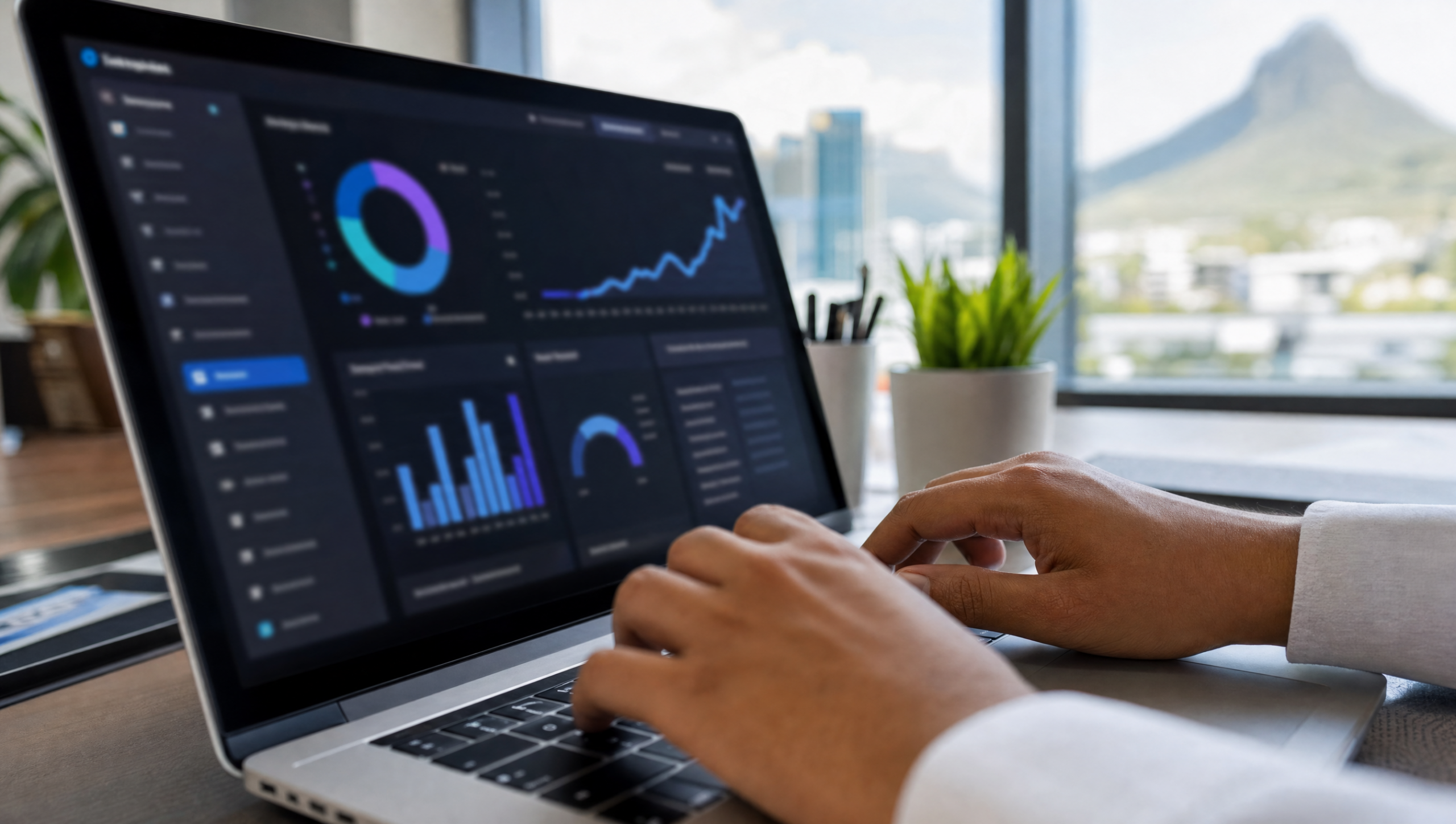 Hands typing on laptop with blurred advertising analytics dashboard